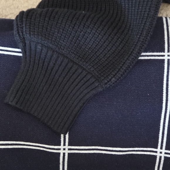 Loft | Navy Blue White Windowpane Striped Open Knit Sweater Blazer Size Large - Picture 4 of 6